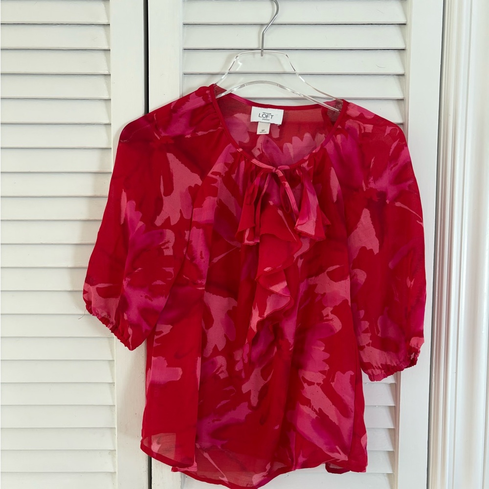 LOFT Red Relaxed Blouse with Tie Front